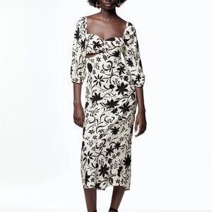 Zara Black & White Floral Print Linen Midi Dress Open Back Ties Puff Sleeve - L